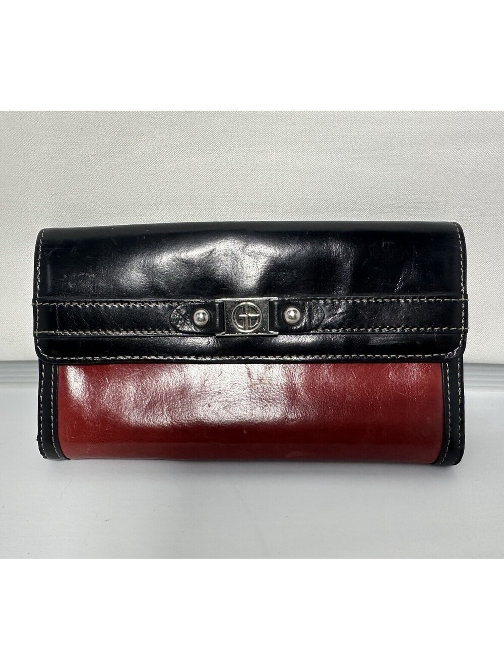 Giani Bernini Red Black Genuine Leather Continental Wallet Organizer Silver Logo